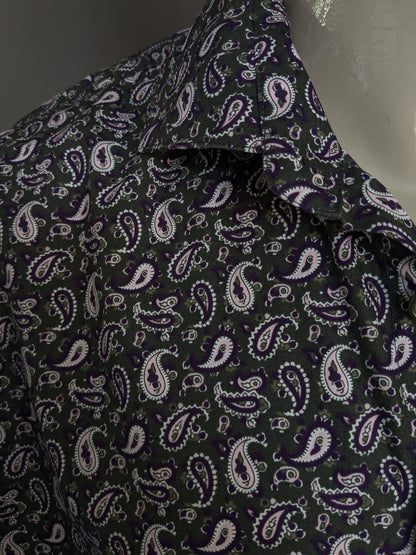 Camicia del settore blu. Stampa rosa grigio viola. Taglia 44 / XL.