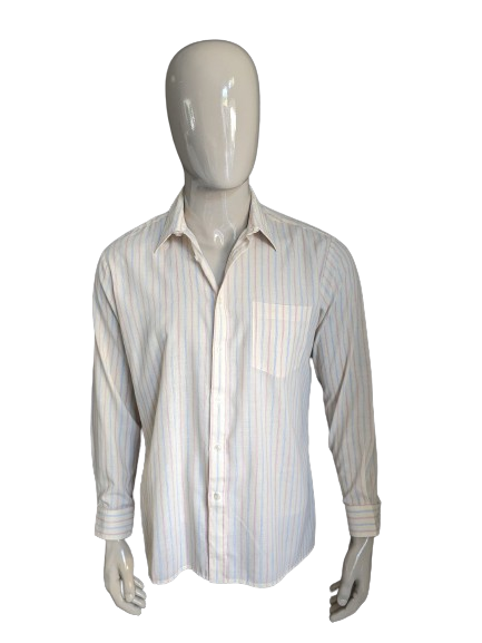 Camicia d'oro vintage in stile dorato. Strisce blu rosso beige. Taglia L / XL.