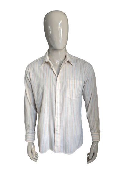 Camicia d'oro vintage in stile dorato. Strisce blu rosso beige. Taglia L / XL.