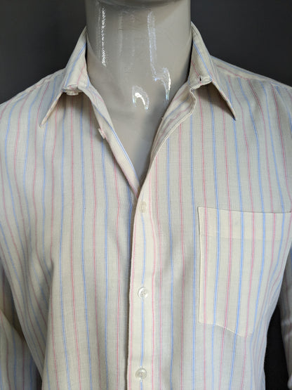 Vintage Golden Style 70's shirt. Beige red blue striped. Size L / XL.