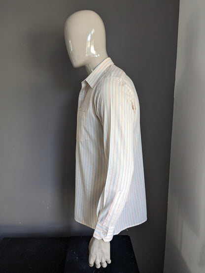 Vintage Golden Style 70's shirt. Beige red blue striped. Size L / XL.