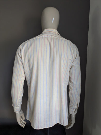 Camicia d'oro vintage in stile dorato. Strisce blu rosso beige. Taglia L / XL.