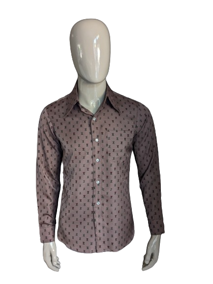 Chemise de requin blanc vintage des années 70 avec collier. Impression verte rouge marron. Taille M / L.