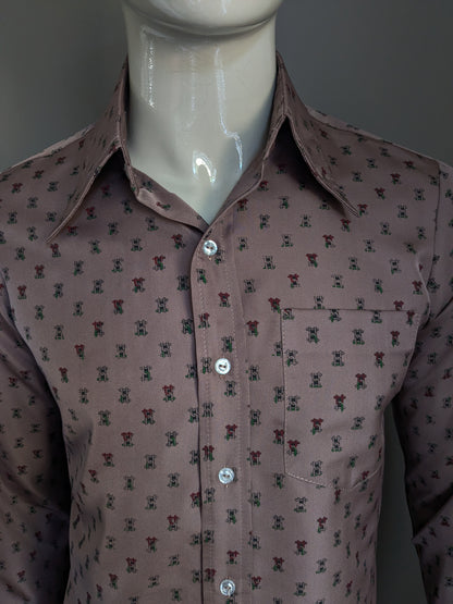 Chemise de requin blanc vintage des années 70 avec collier. Impression verte rouge marron. Taille M / L.