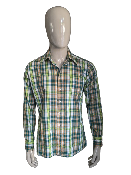 Vintage Super Check 70's Shirt con cuello de punto. Naranja blanca verde revisada. Talla L.