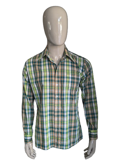 Vintage Super Check 70's Shirt con cuello de punto. Naranja blanca verde revisada. Talla L.