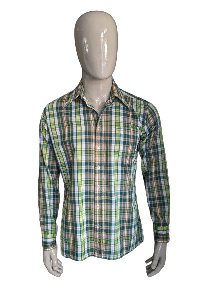 Vintage Super Check 70's shirt with point collar. Green white orange checked. Size L.