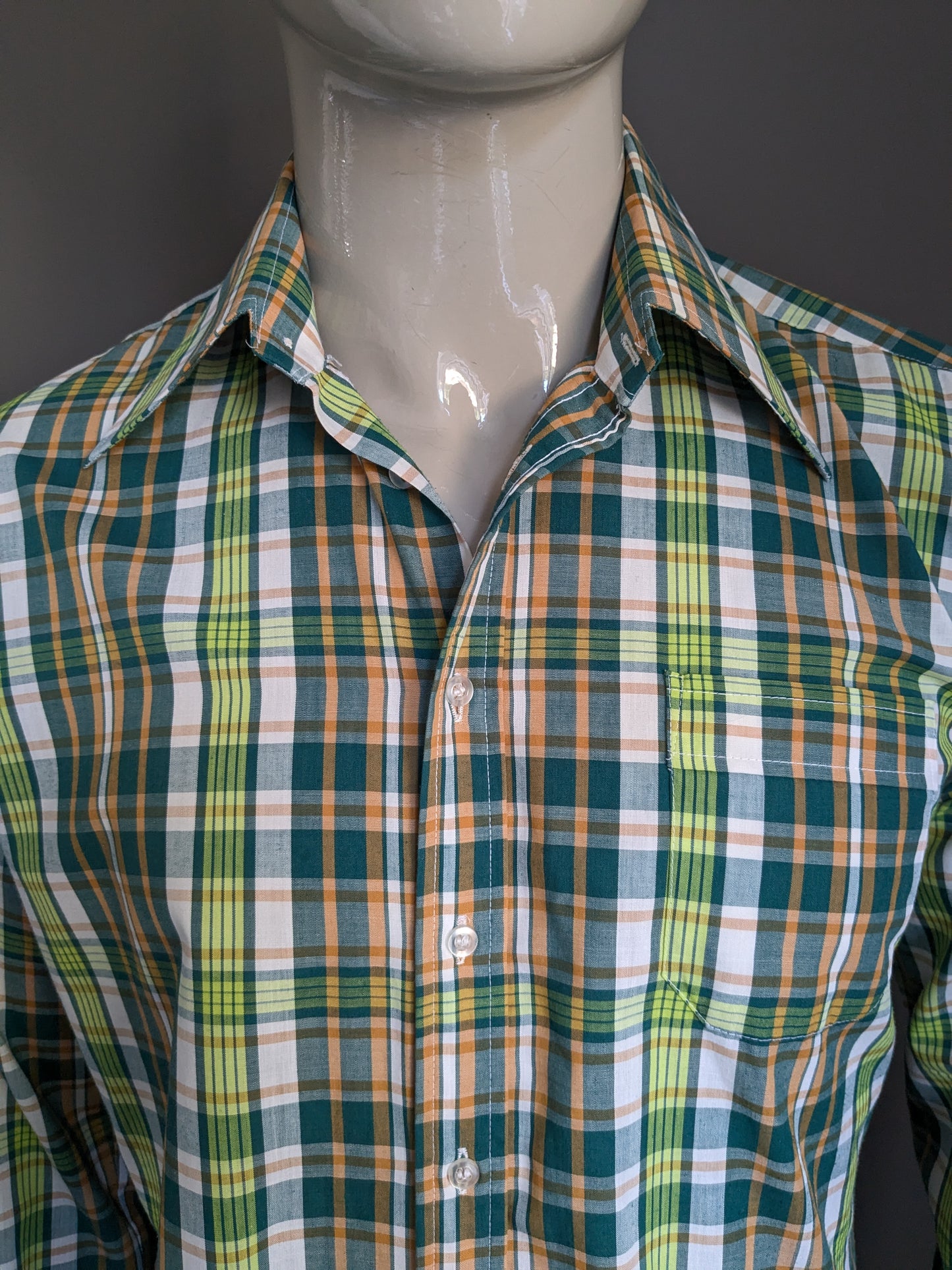 Vintage Super Check 70's Shirt con cuello de punto. Naranja blanca verde revisada. Talla L.