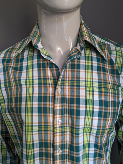 La chemise Vintage Super Check des années 70 avec collier ponctuel. Orange blanc vert vérifié. Taille L.