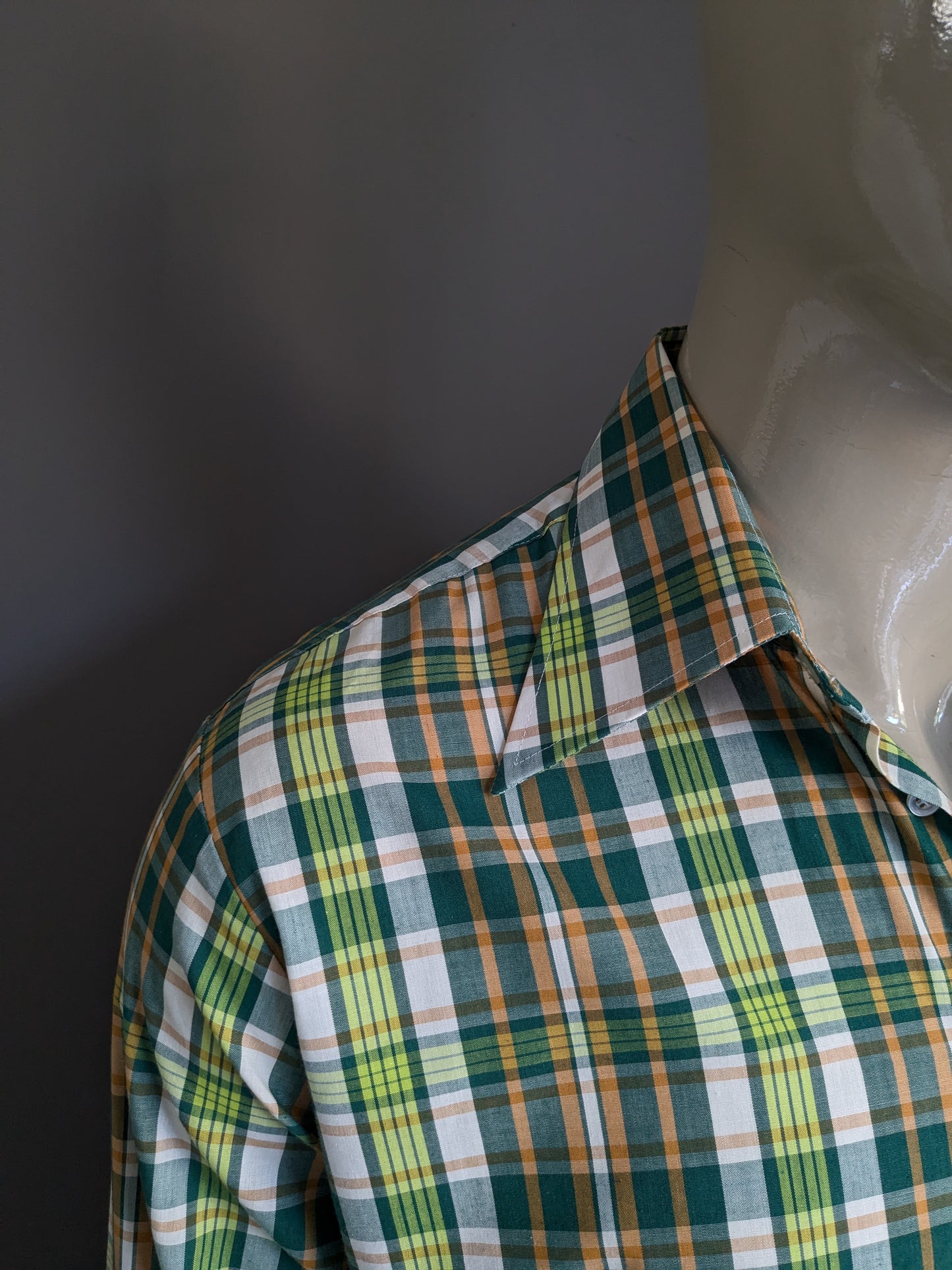 Vintage Super Check 70's Shirt con cuello de punto. Naranja blanca verde revisada. Talla L.