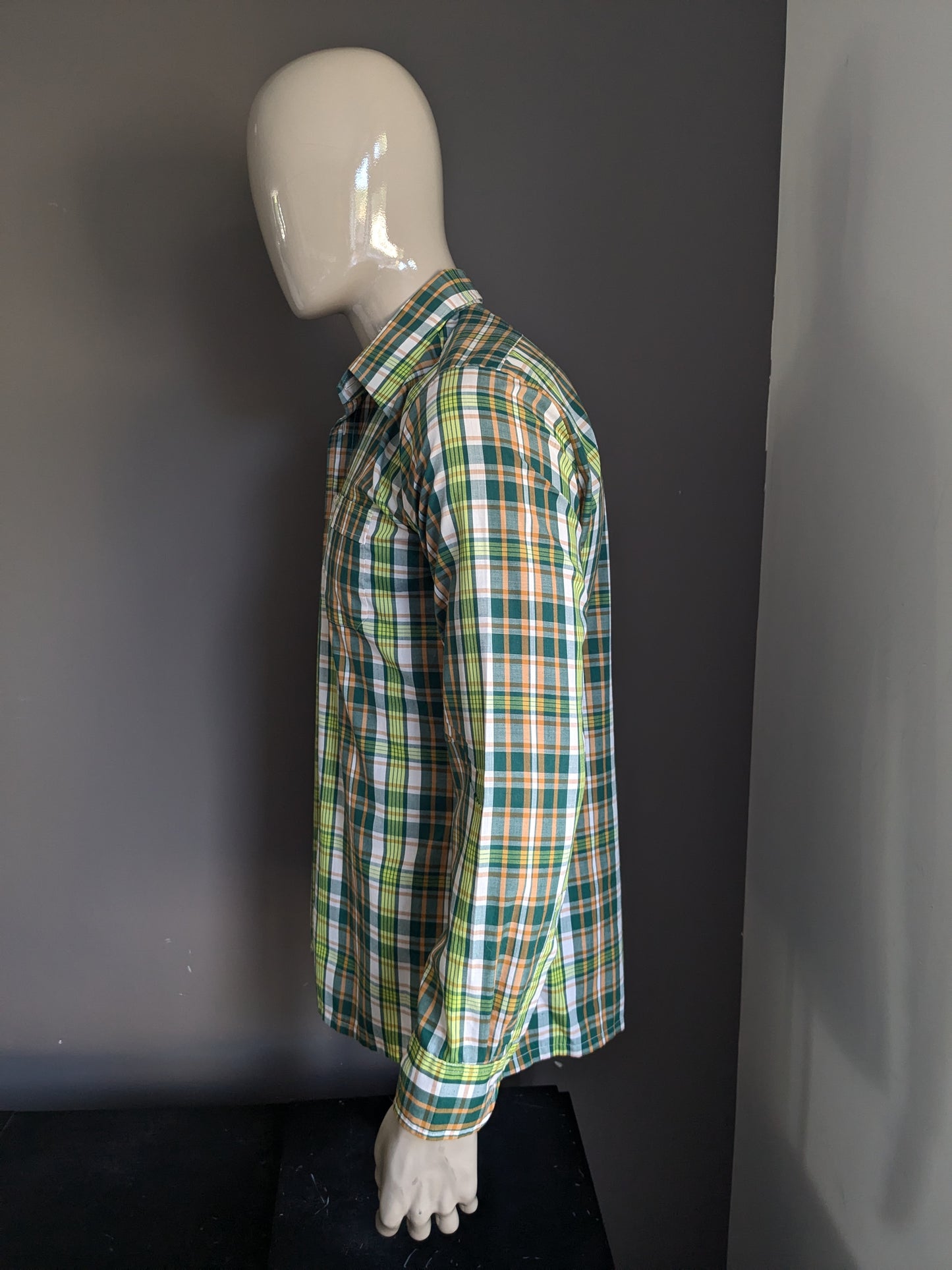 Vintage Super Check 70's Shirt con cuello de punto. Naranja blanca verde revisada. Talla L.