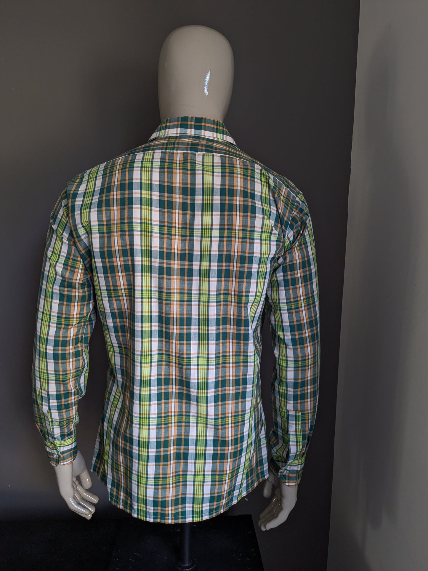 Vintage Super Check 70's Shirt con cuello de punto. Naranja blanca verde revisada. Talla L.