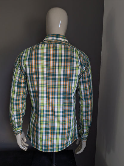 Vintage Super Check 70's shirt with point collar. Green white orange checked. Size L.