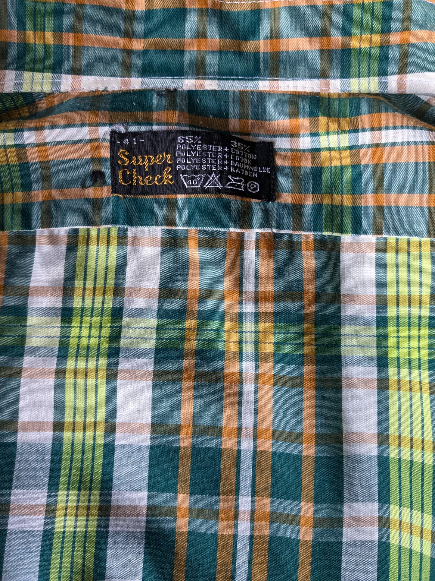 Vintage Super Check 70's shirt with point collar. Green white orange checked. Size L.