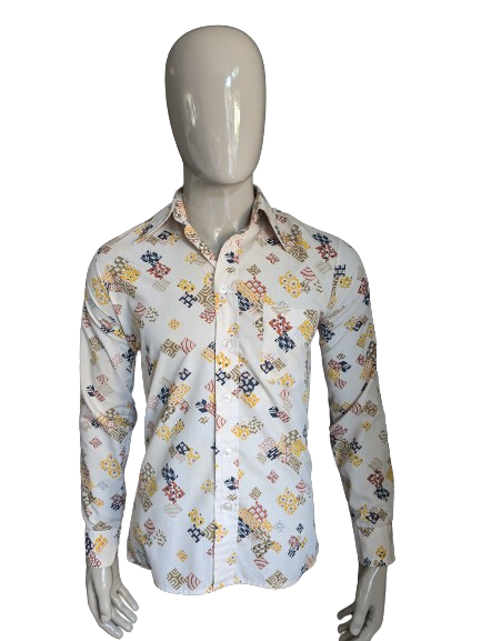 Camicia vintage Michel degli anni '70 con colletto punti. Stampa blu marrone giallo verde beige. Taglia M.