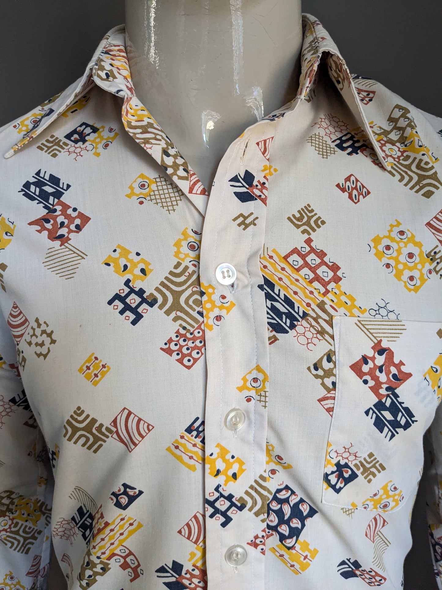 Camicia vintage Michel degli anni '70 con colletto punti. Stampa blu marrone giallo verde beige. Taglia M.