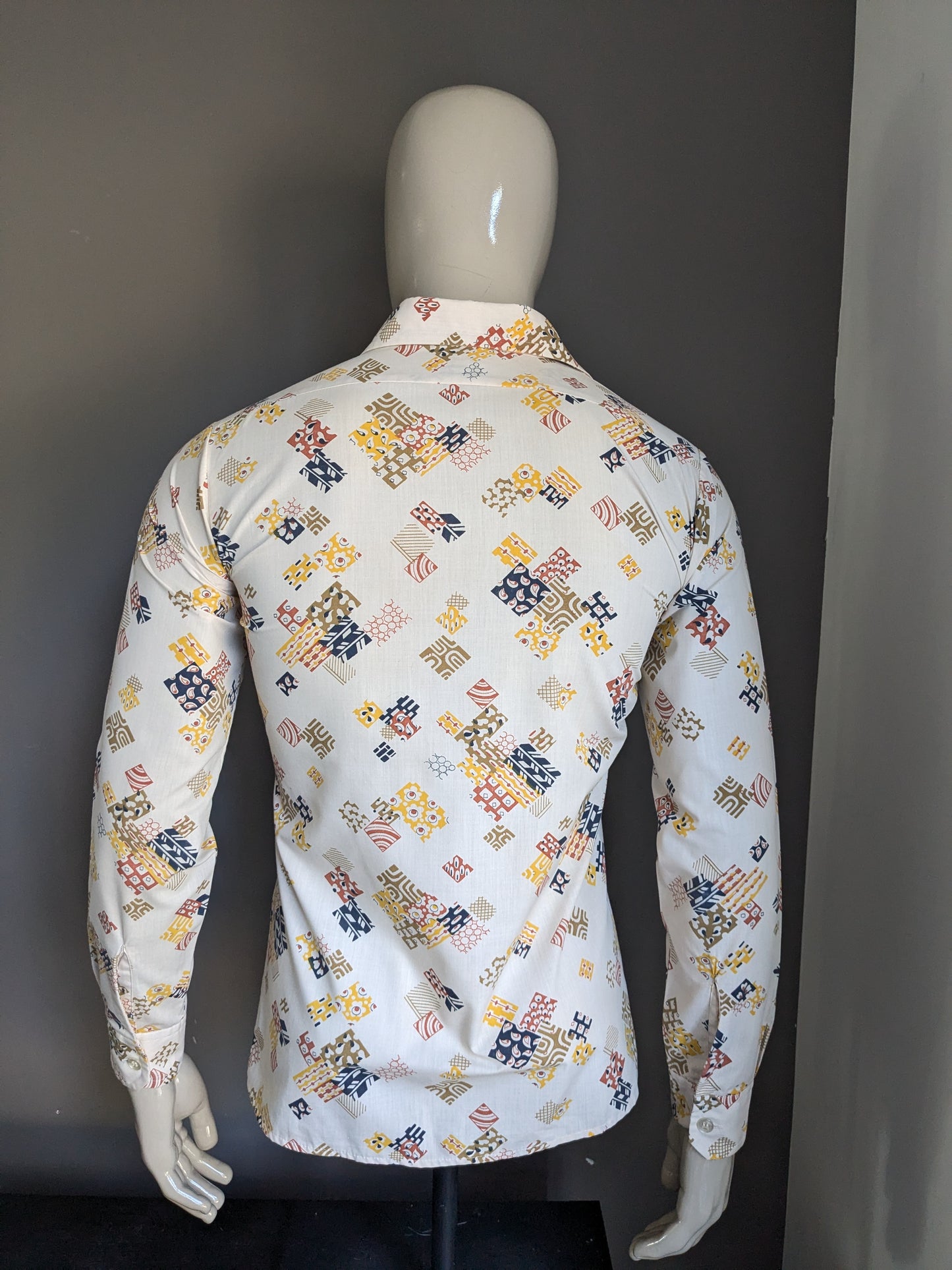 Camisa Vintage Michel 70 con cuello Point. Beige verde amarillo amarillo marrón estampado azul. Talla M.