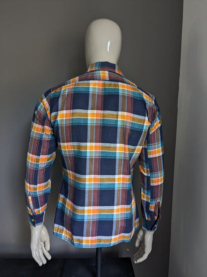 Vintage Lección 3 Camisa de los 70 Lords con cuello de punto. Azul muy rojo revisado. Talla M.