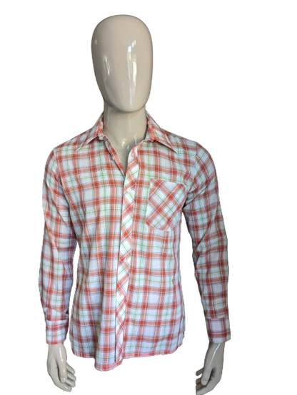 Camicia vintage degli anni '70 con colletto punto. A scacchi bianchi verde rosso. Taglia M.