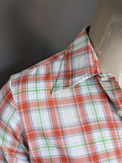 Camicia vintage degli anni '70 con colletto punto. A scacchi bianchi verde rosso. Taglia M.