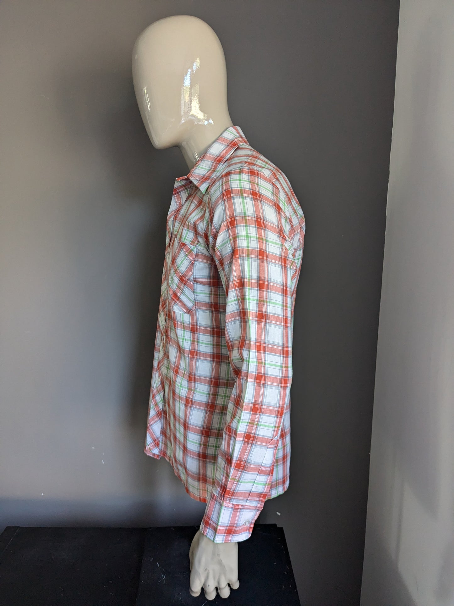 Camicia vintage degli anni '70 con colletto punto. A scacchi bianchi verde rosso. Taglia M.