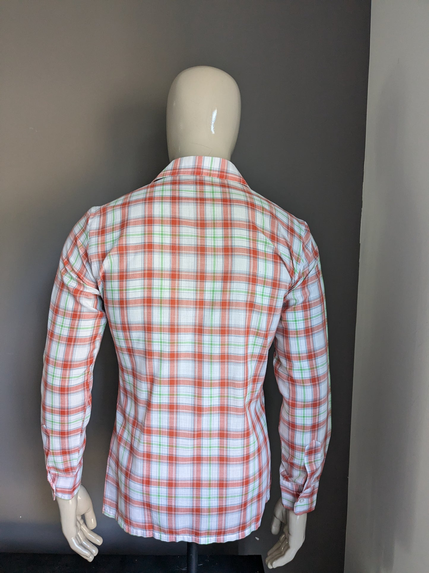 Camicia vintage degli anni '70 con colletto punto. A scacchi bianchi verde rosso. Taglia M.