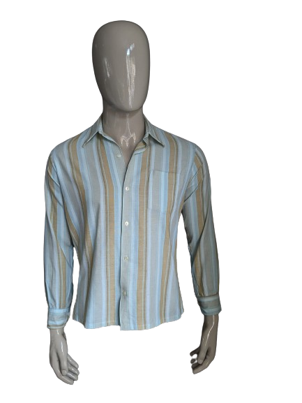 Camicia di Jeune degli anni '70 in stile vintage. Strisce marrone blu. Taglia L.