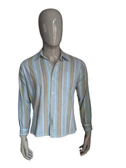 Chemise de style vintage Jeune 70. Brun bleu rayé. Taille L.