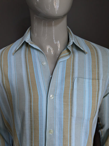 Chemise de style vintage Jeune 70. Brun bleu rayé. Taille L.