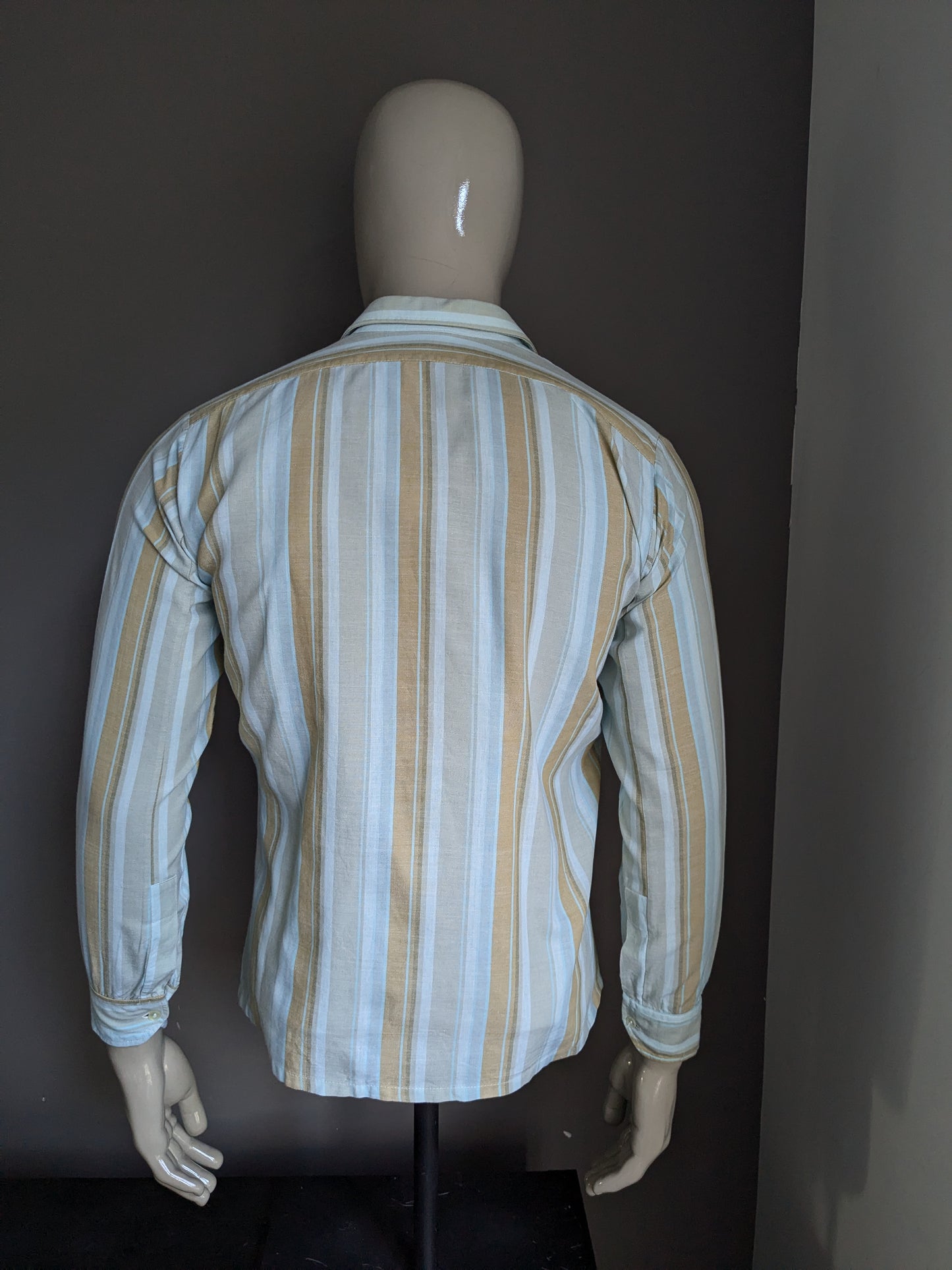 Chemise de style vintage Jeune 70. Brun bleu rayé. Taille L.