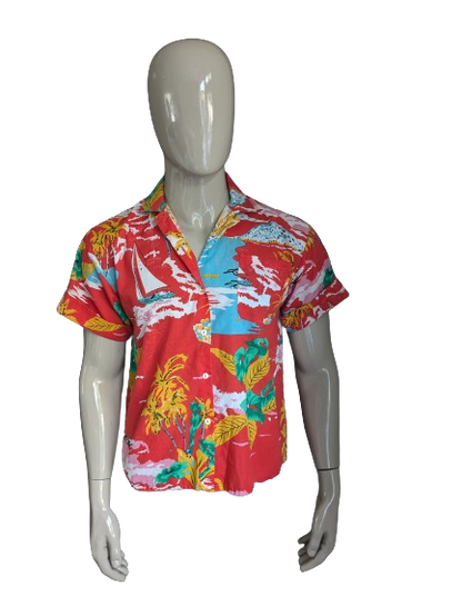 Camisa Primavera Hawaii manga corta. Estampado amarillo azul rojo. Talla M.