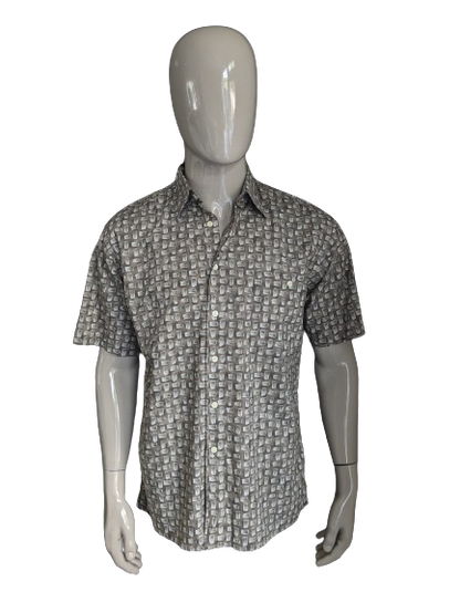 Camisa de Birmania Bibas manga corta. Estampado verde gris marrón. Tamaño M / L.