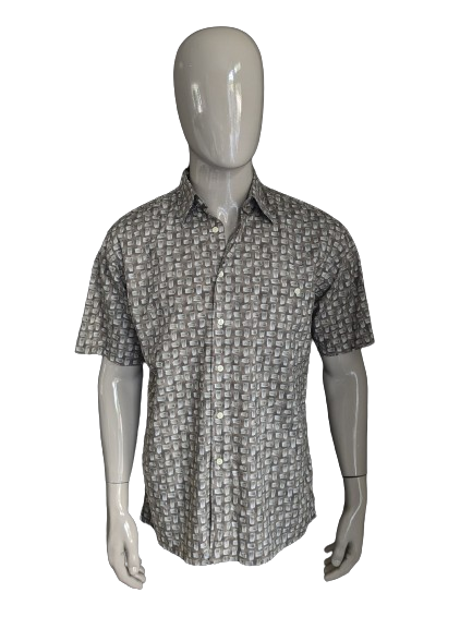 Camisa de Birmania Bibas manga corta. Estampado verde gris marrón. Tamaño M / L.