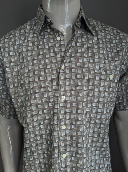 Camisa de Birmania Bibas manga corta. Estampado verde gris marrón. Tamaño M / L.