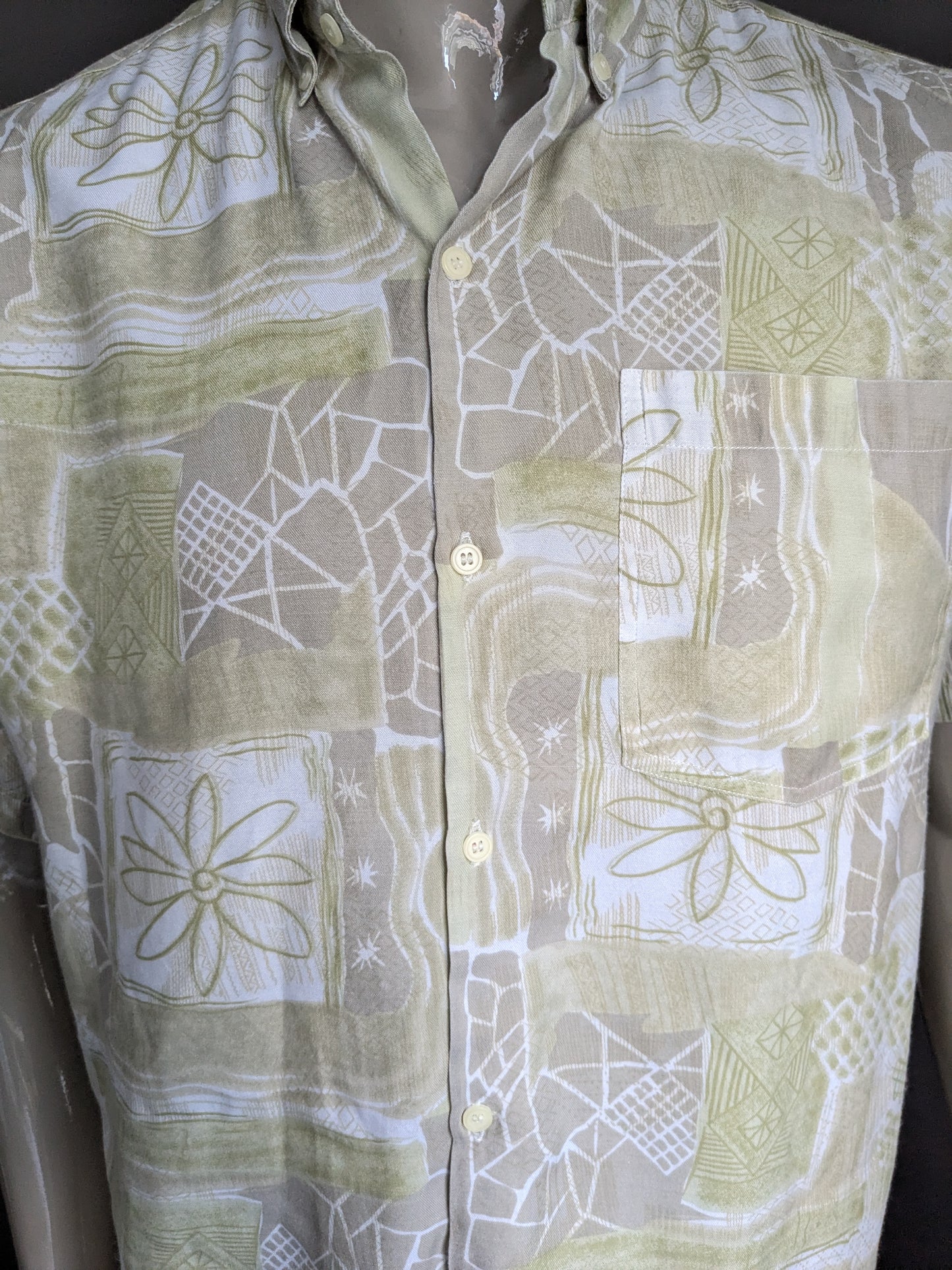 Shirt corto Vintage 80S / 90's Shirt. Stampa grigio verde. Taglia XL.