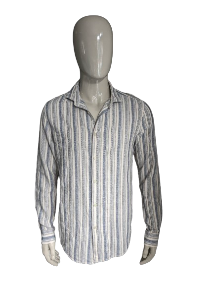 Camisa de lino dstrezzed. Beige Blue Striped. Ajuste regular. Talla L.