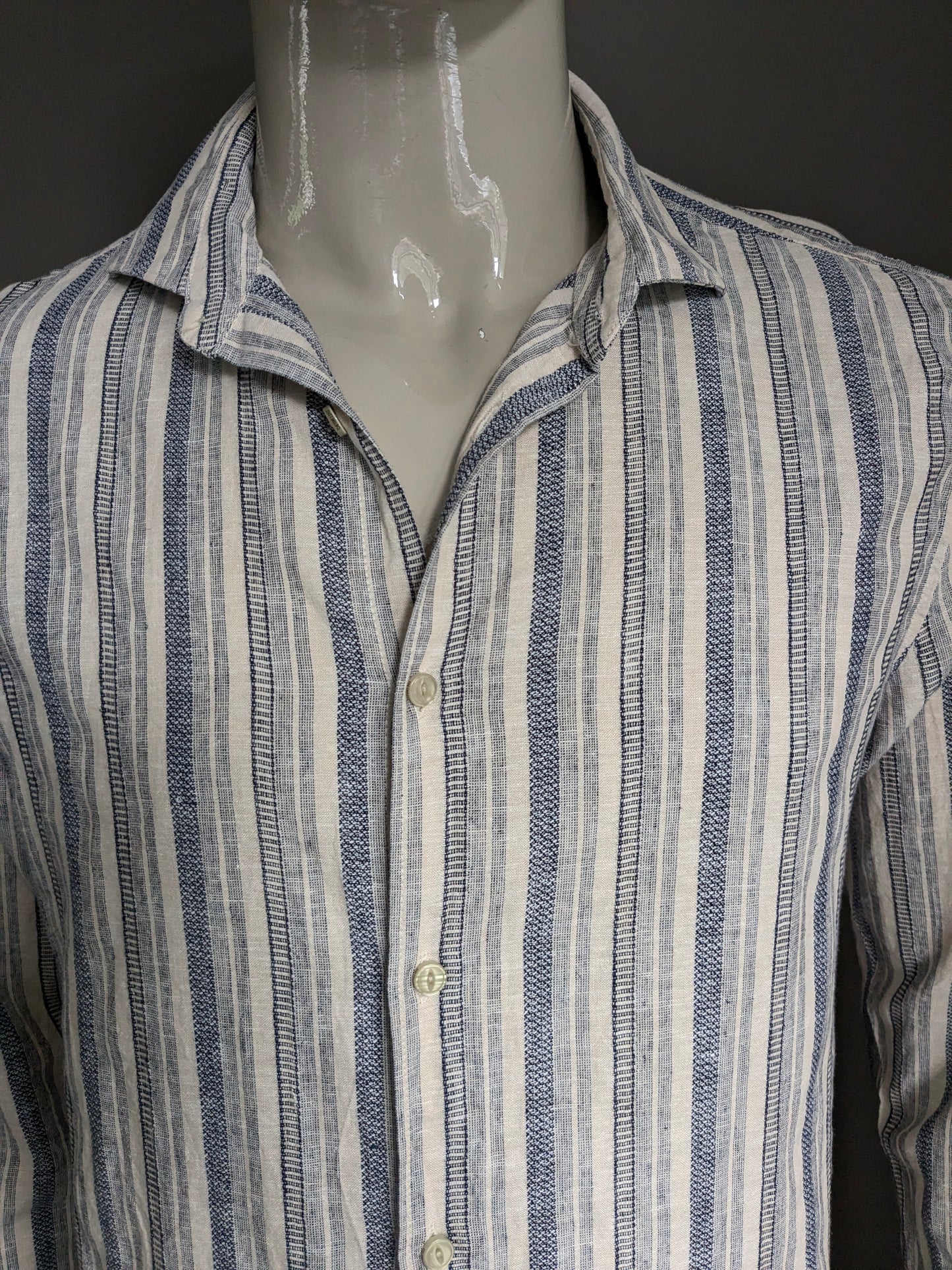 Camisa de lino dstrezzed. Beige Blue Striped. Ajuste regular. Talla L.