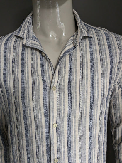 Dstrezzed linen shirt. Beige blue striped. Regular fit. Size L.