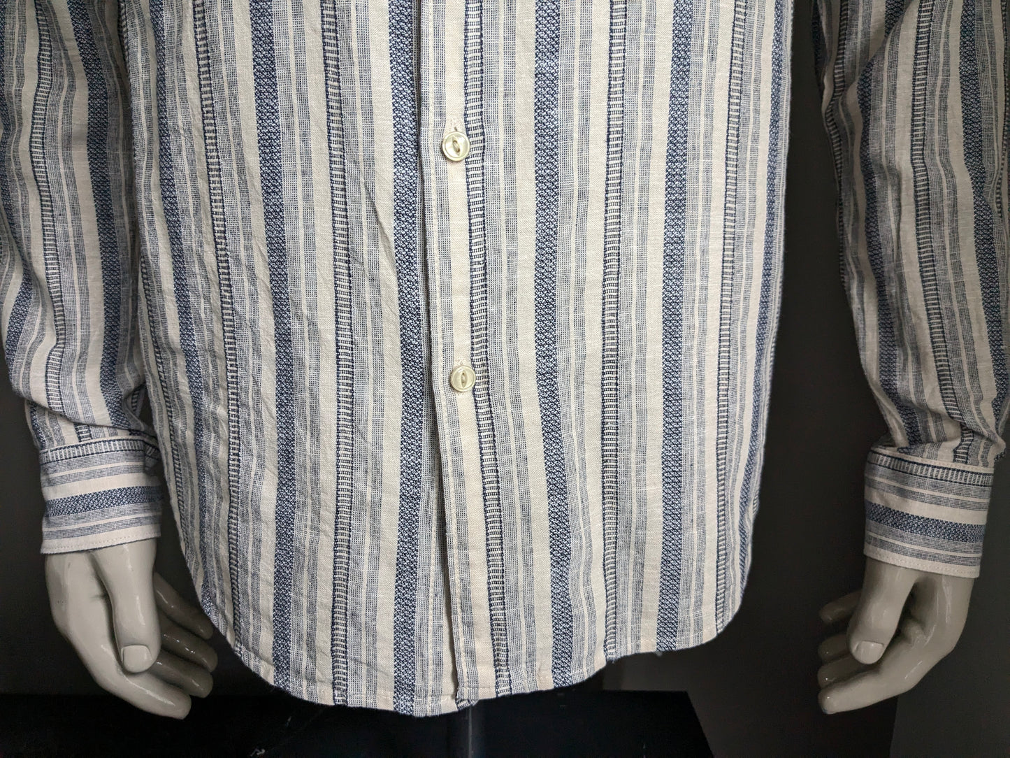 Dstrezzed linen shirt. Beige blue striped. Regular fit. Size L.