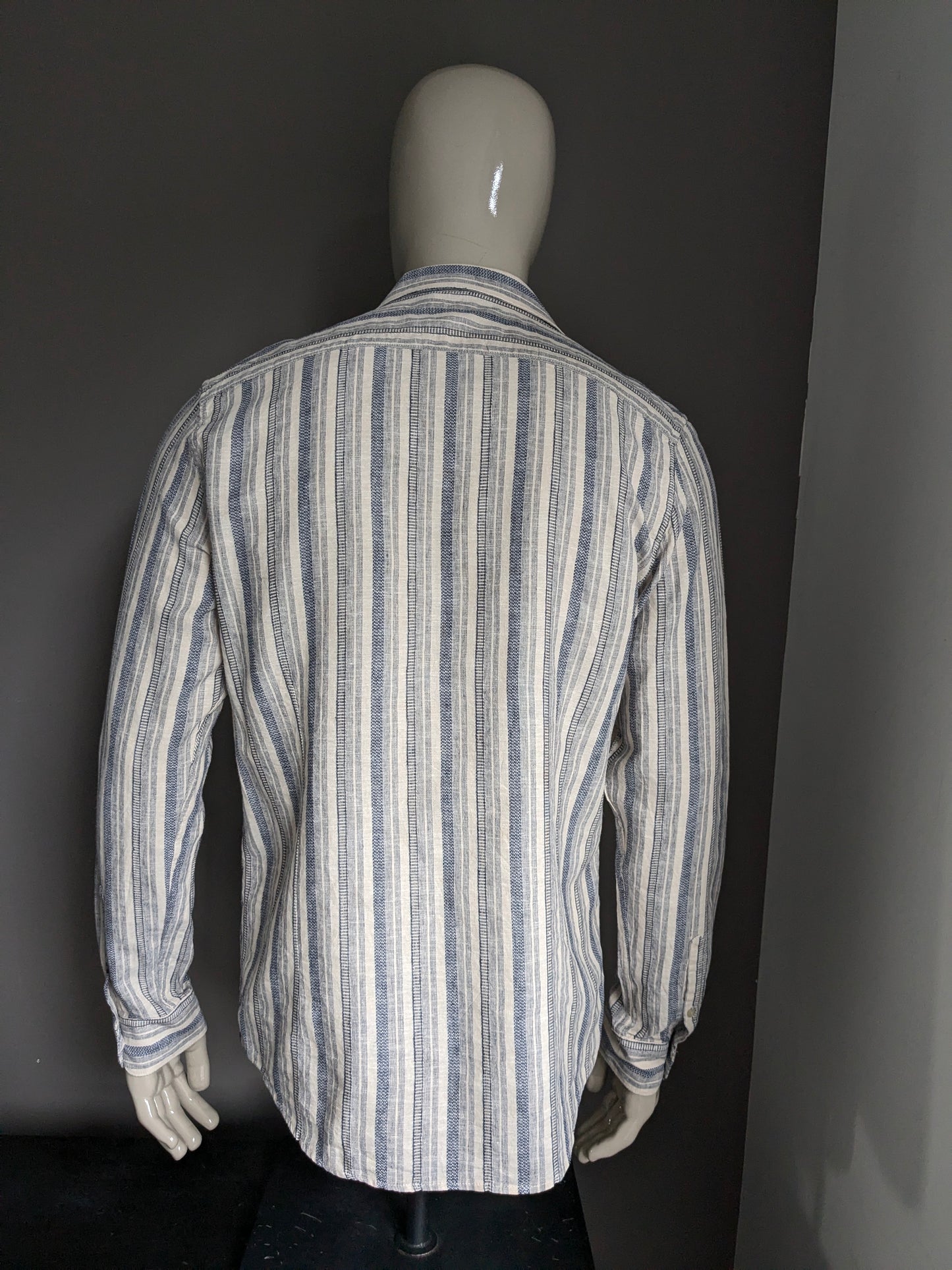 Camisa de lino dstrezzed. Beige Blue Striped. Ajuste regular. Talla L.