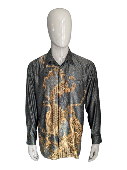 Queen Busana Batik overhemd. Licht gevoerd. Blauw zwart goudkleurige print. Maat XL.