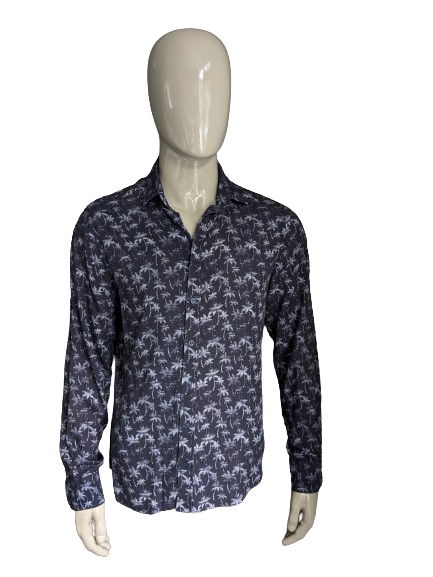 Chemise houptée. Motif de palmier blanc bleu. Impression moderne. Taille L.