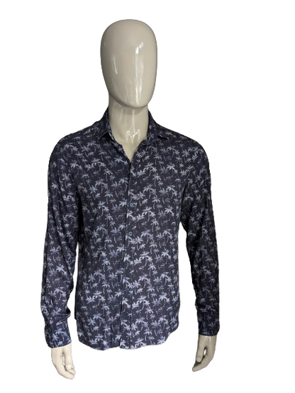 Chemise houptée. Motif de palmier blanc bleu. Impression moderne. Taille L.