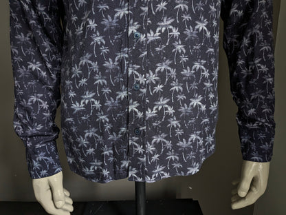 Haupt overhemd. Blauw wit palmboom motief. Modern print. Maat L.