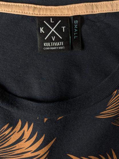 Kultivate long shirt. Bruin blauw bladmotief. Maat S.