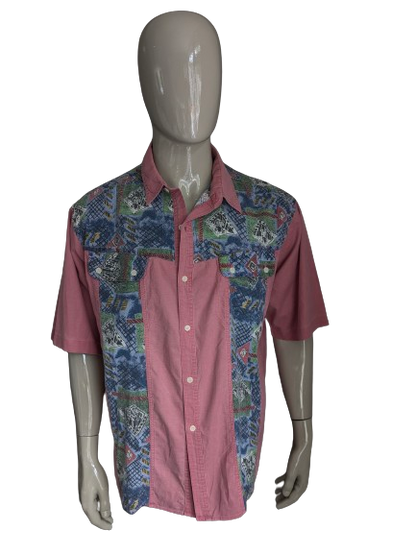 Giornata vintage - manica corta x camicia. Rosa con stampa colorata degli anni '80 / '90. Taglia xxl