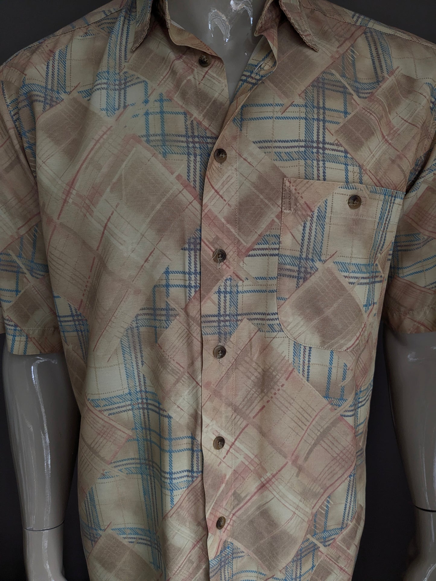 Vintage Club d'Amingo camisa manga corta. Estampado rojo azul amarillo. Talla L.