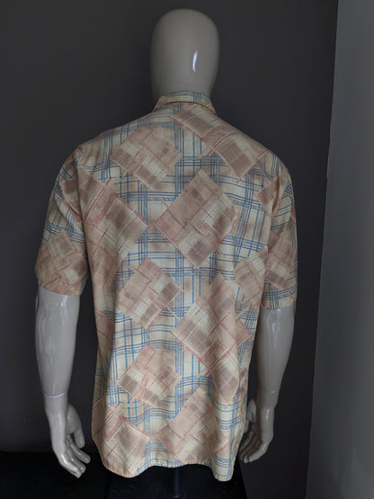 Vintage Club d'Amingo camisa manga corta. Estampado rojo azul amarillo. Talla L.