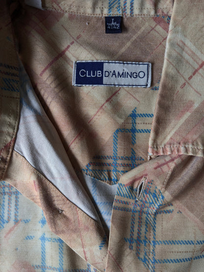 Vintage Club D'Amingo overhemd korte mouw. Geel blauw rode print. Maat L.