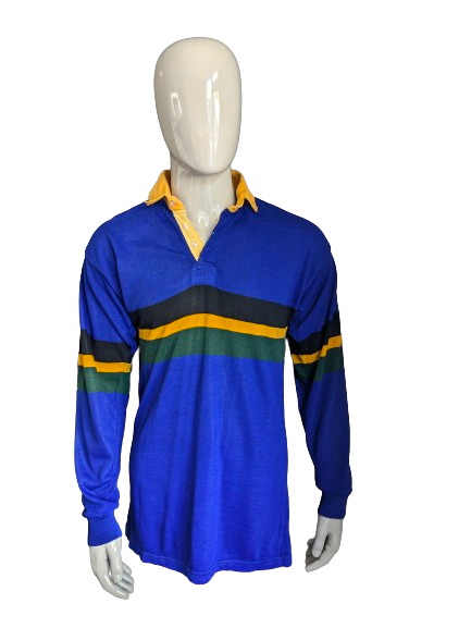 Vintage Halbro Polo sweater. Blue yellow green black striped. Size L.